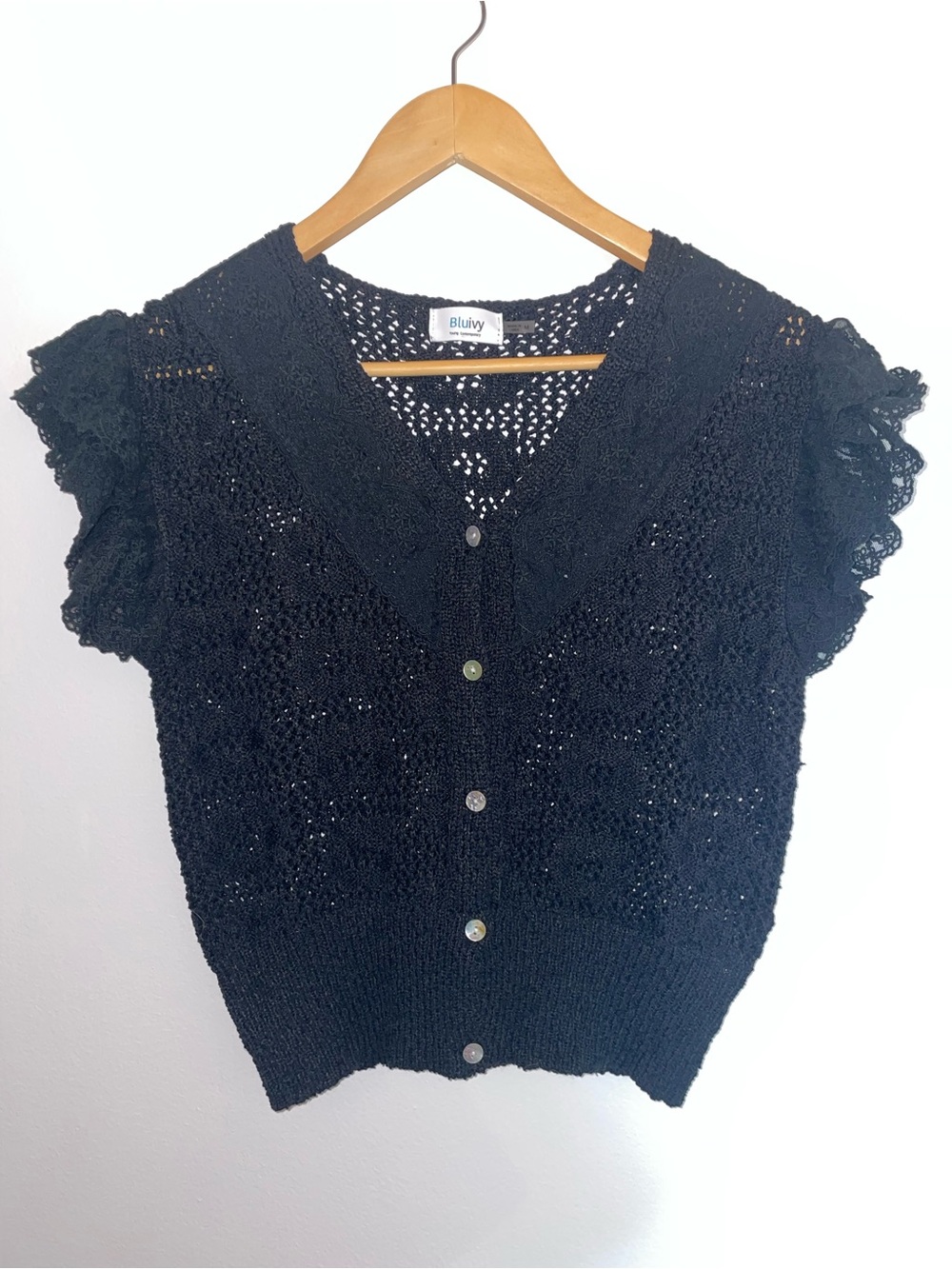 Bluivy Black Crochet Button-Front Short Sleeve Cardigan